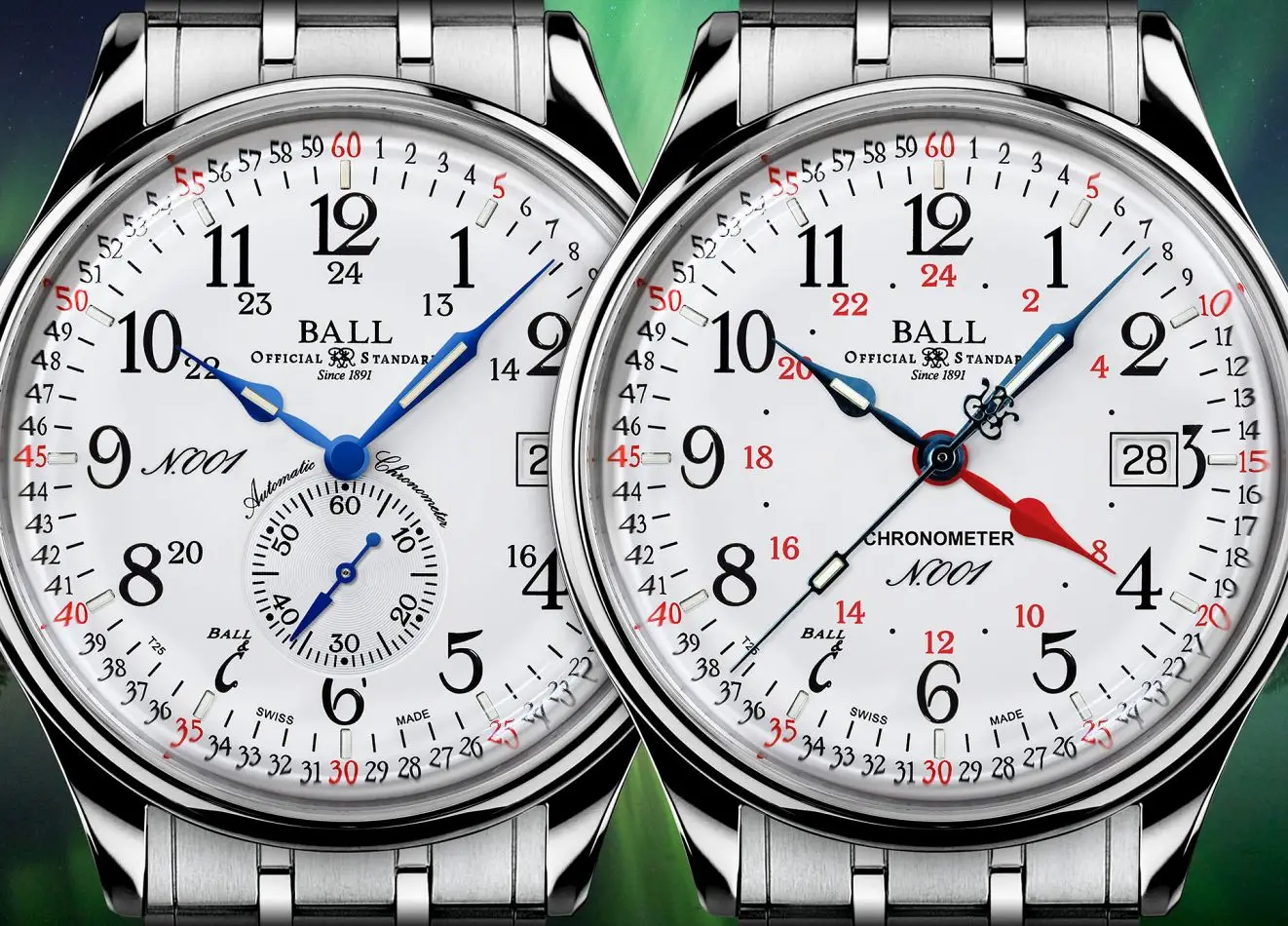 Ball Trainmaster Standard Time i GMT. Klasyczne zegarki z tarczą typu Montgomery