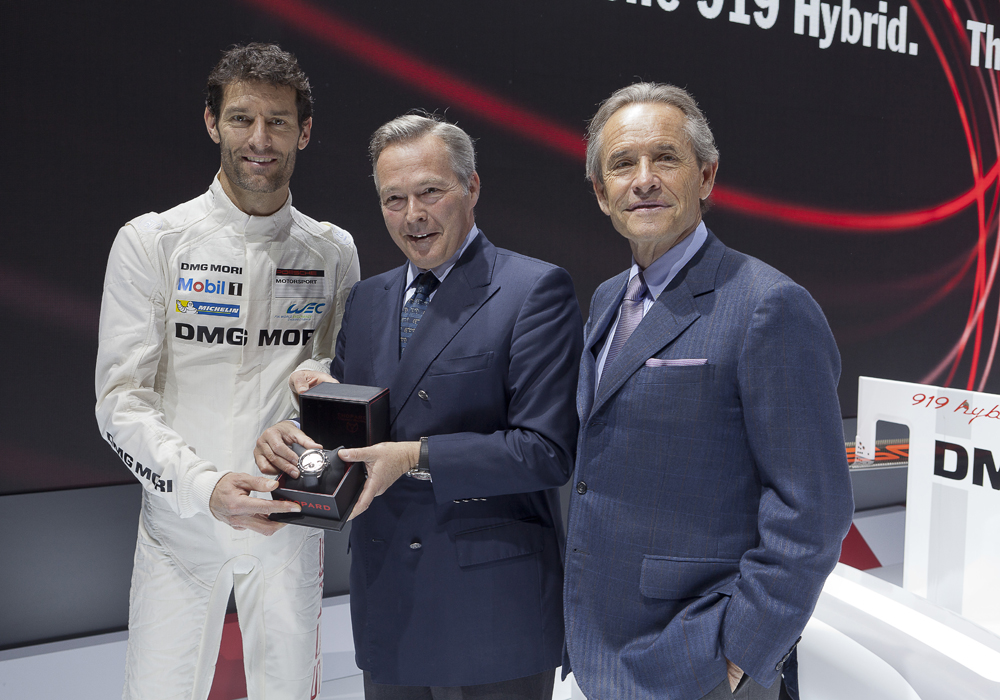fot. Chopard i Porsche Karl-Friedrich Scheufele with Jacky Ickx and pilot Mark Webber