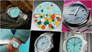8 zegarków, w różnym przedziale cenowym, z tarczami w kolorze turkusowym