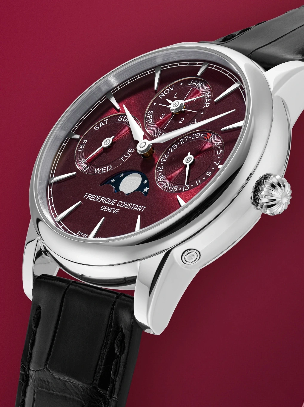 Frederique Constant Classic Perpetual Calendar z burgundową tarczą
