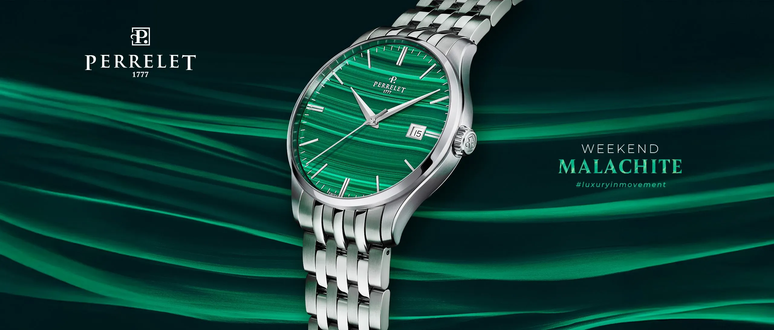 Perrelet Weekend Malachite z tarczą o intensywnej barwie i unikalnych wzorach