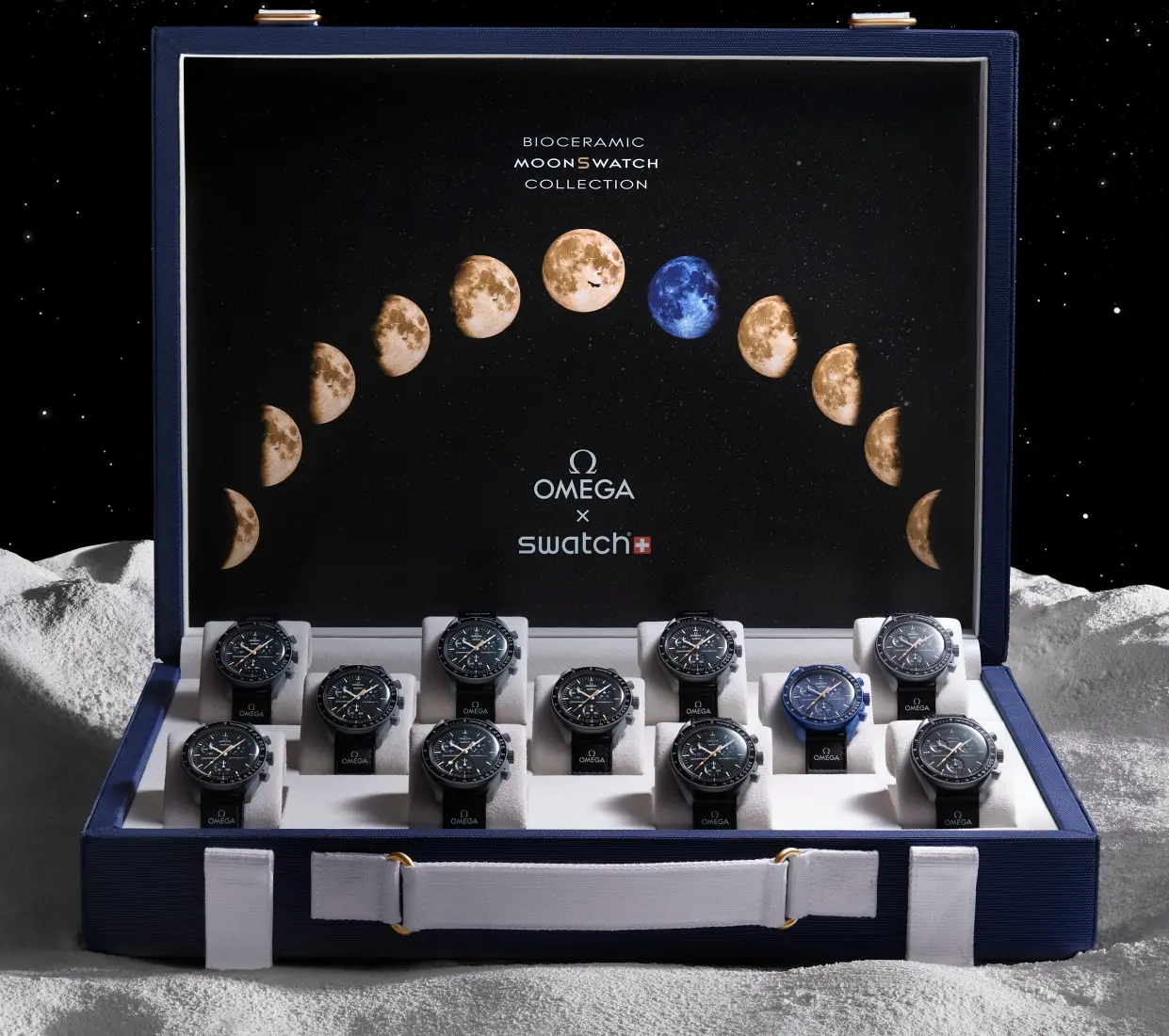 Aukcja Omegi: 11 walizek z zegarkami MoonSwatch Moonshine Gold