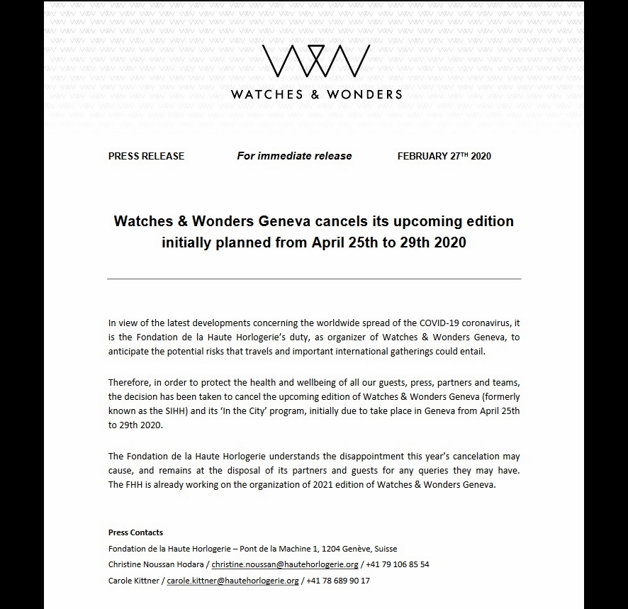 Watches & Wonders 2020 w Genewie – targi odwołane!