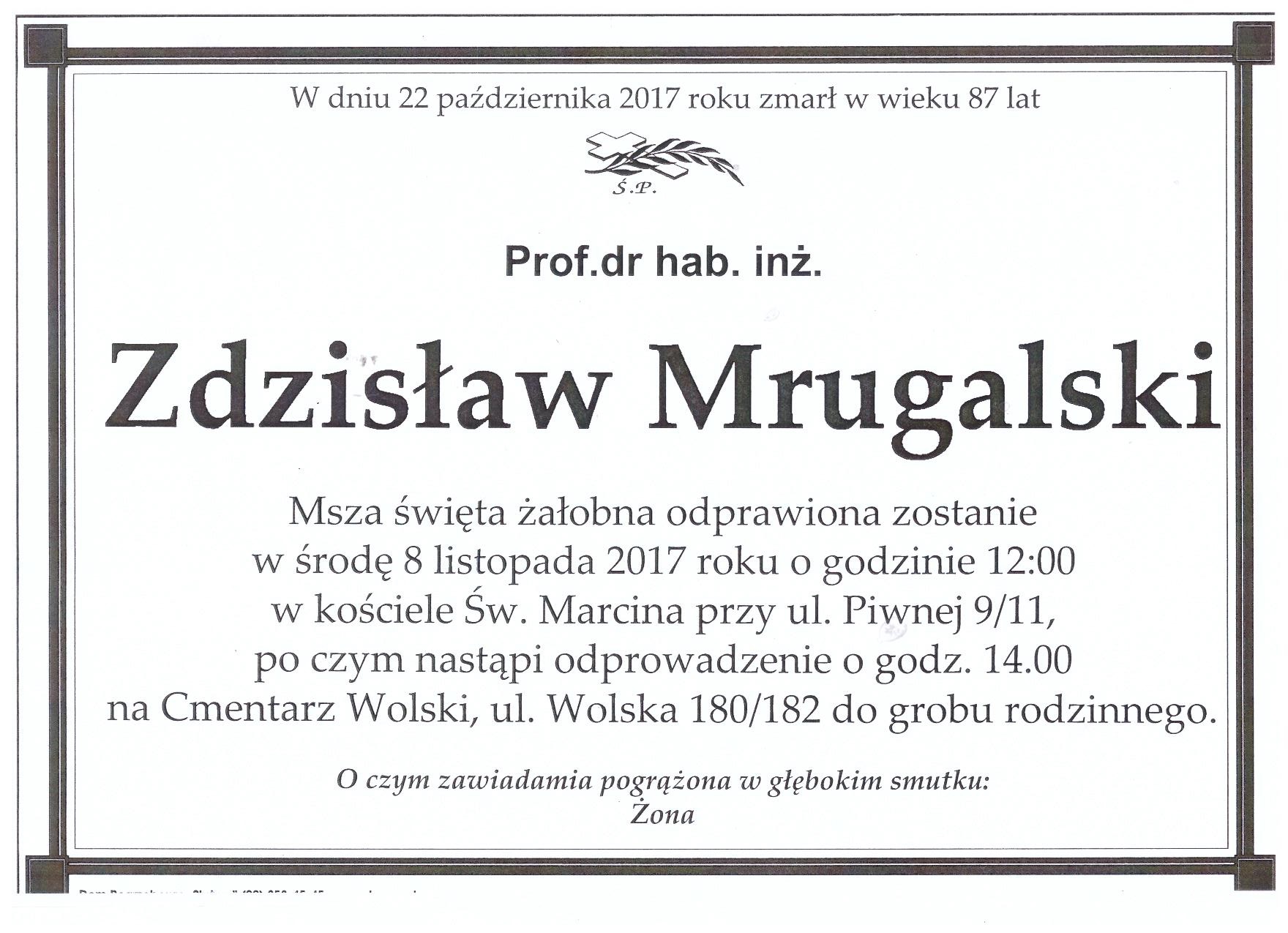 Nekrolog, klepsydra żałobna. Profesor Zdzisław Mrugalski