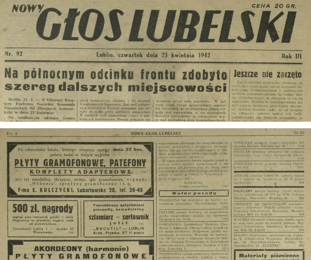 Ogłoszenia Żalazkiewicz, Głos Lubelski 1942