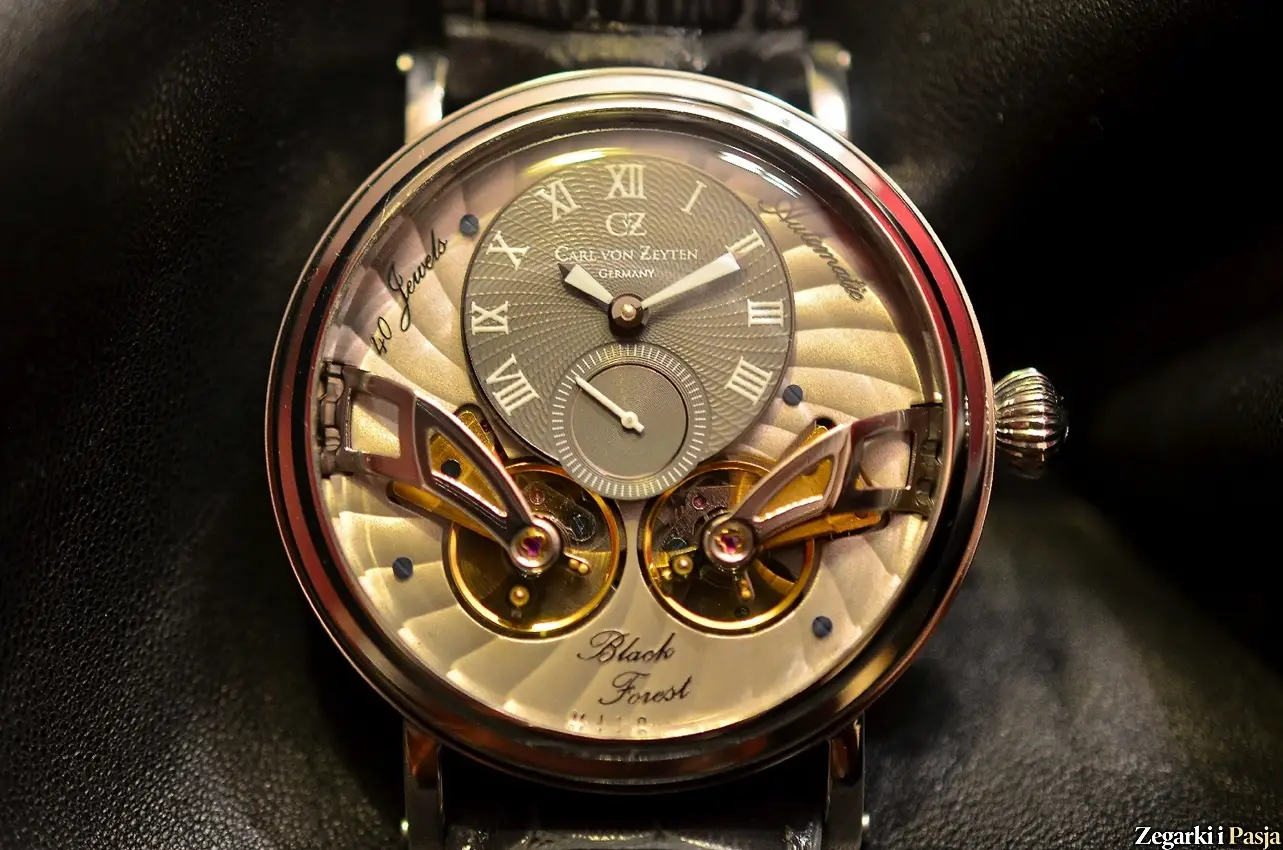 Carl Von Zeyten Orologio Automatico Uomo Black Forest Twin Balance, Cassa 46mm Acciaio, Cinturino In Pelle Grigio, Vetro Minerale, 3 ATM