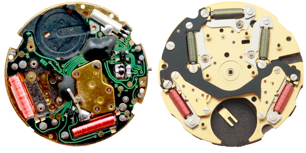 Mechanizm zegarka elektronicznego ze stoperem. ISA (po lewej), ETA (po prawej)