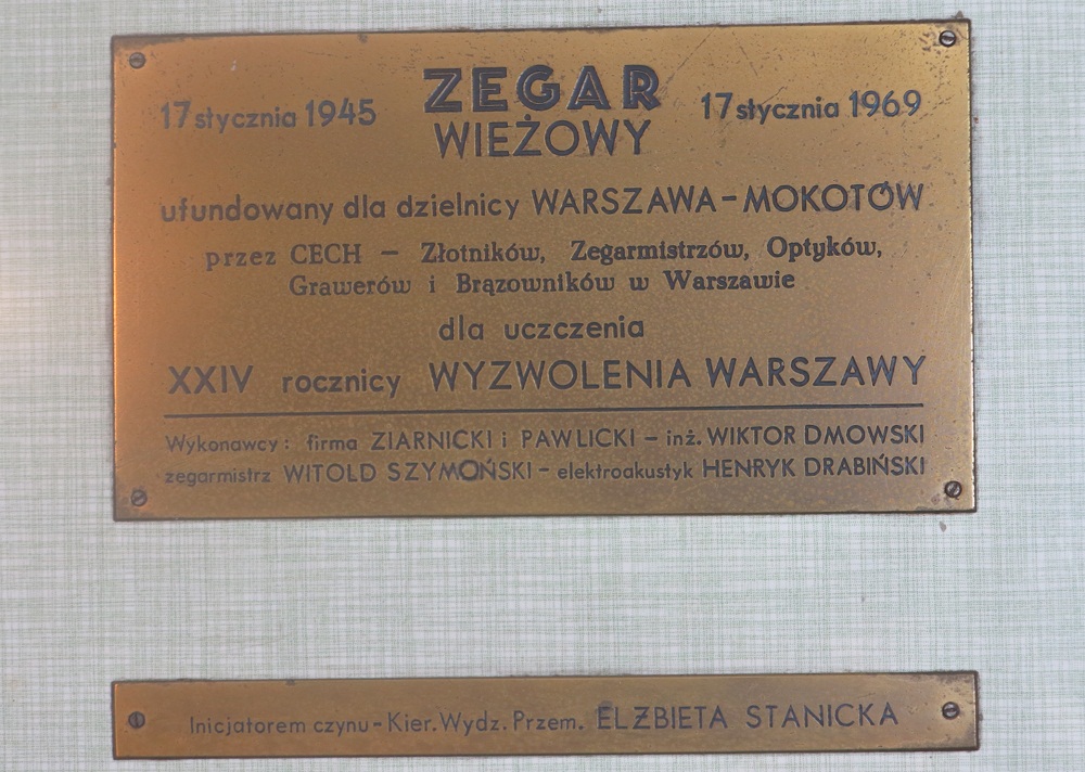Zegar Gołębnika na ulicy Puławskiej, Warszawa, tabliczka informacyjna