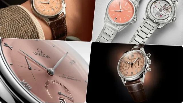 8 zegarków, w różnym przedziale cenowym, z tarczami w kolorze łososiowym